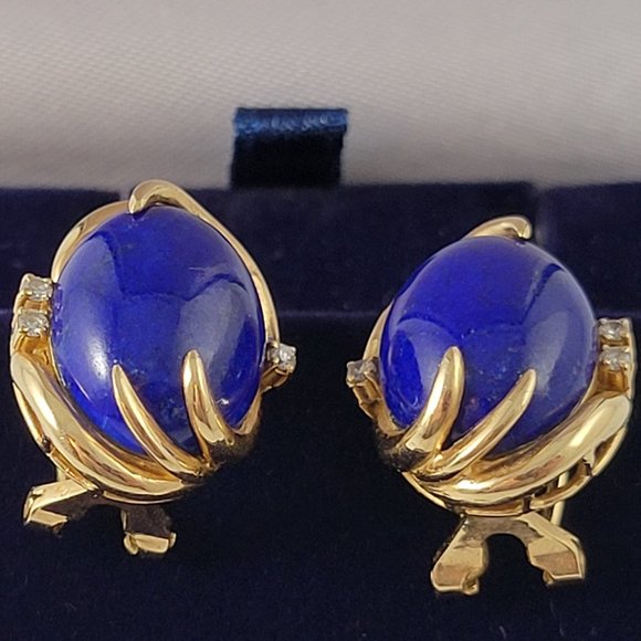 Fine Designer Large 14k Oval Cabochon Lapis & Diamond Earrings Omega Backs 10g - Picture 1 of 9
